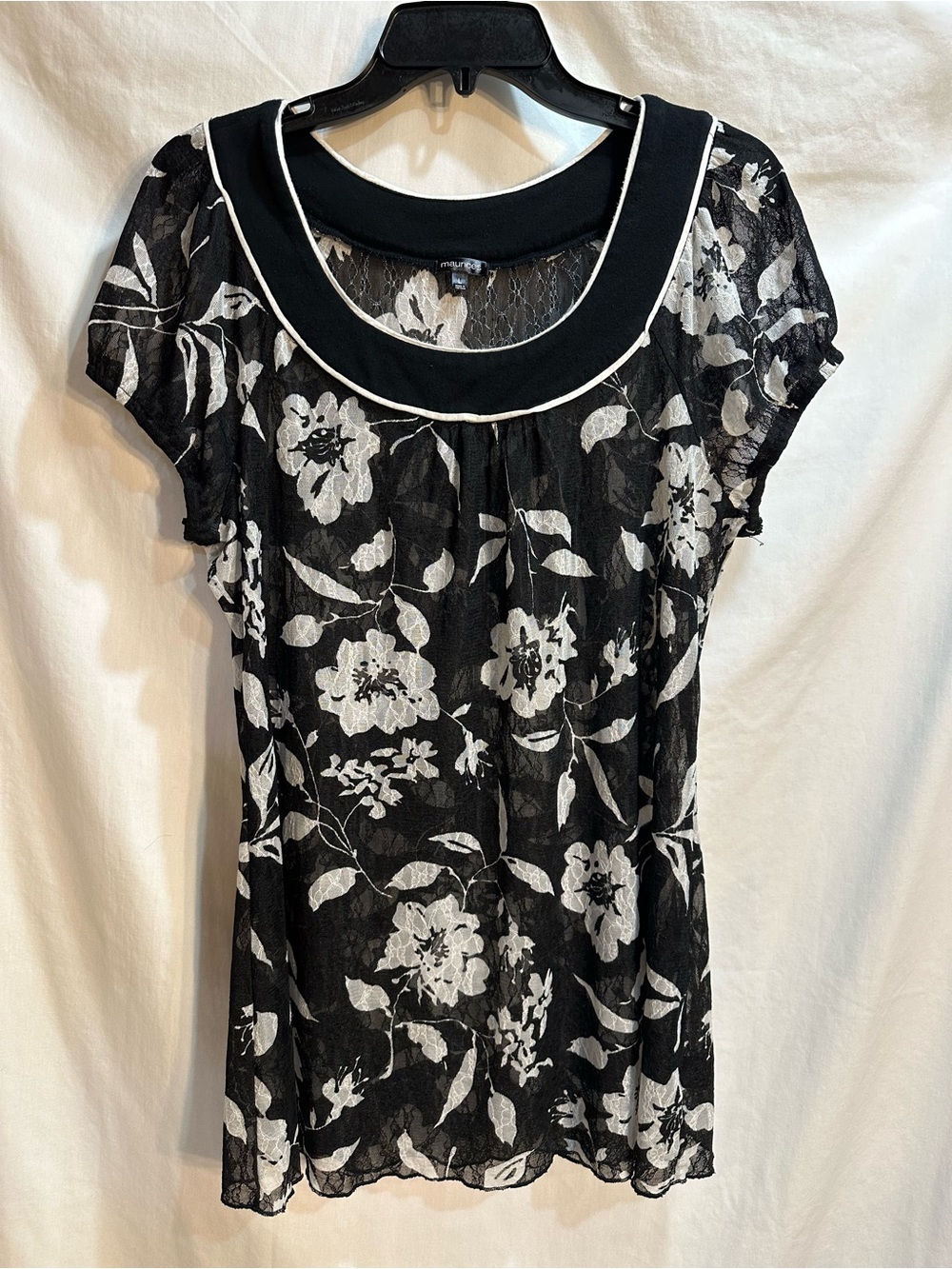 Maurices Black Sheer Top with Black & White Floral Accents
